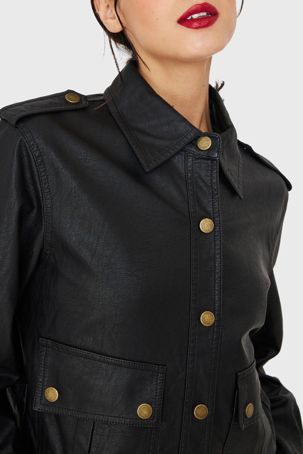 Chaqueta Cuello Camisero Ecocuero Negro Nicopoly-5