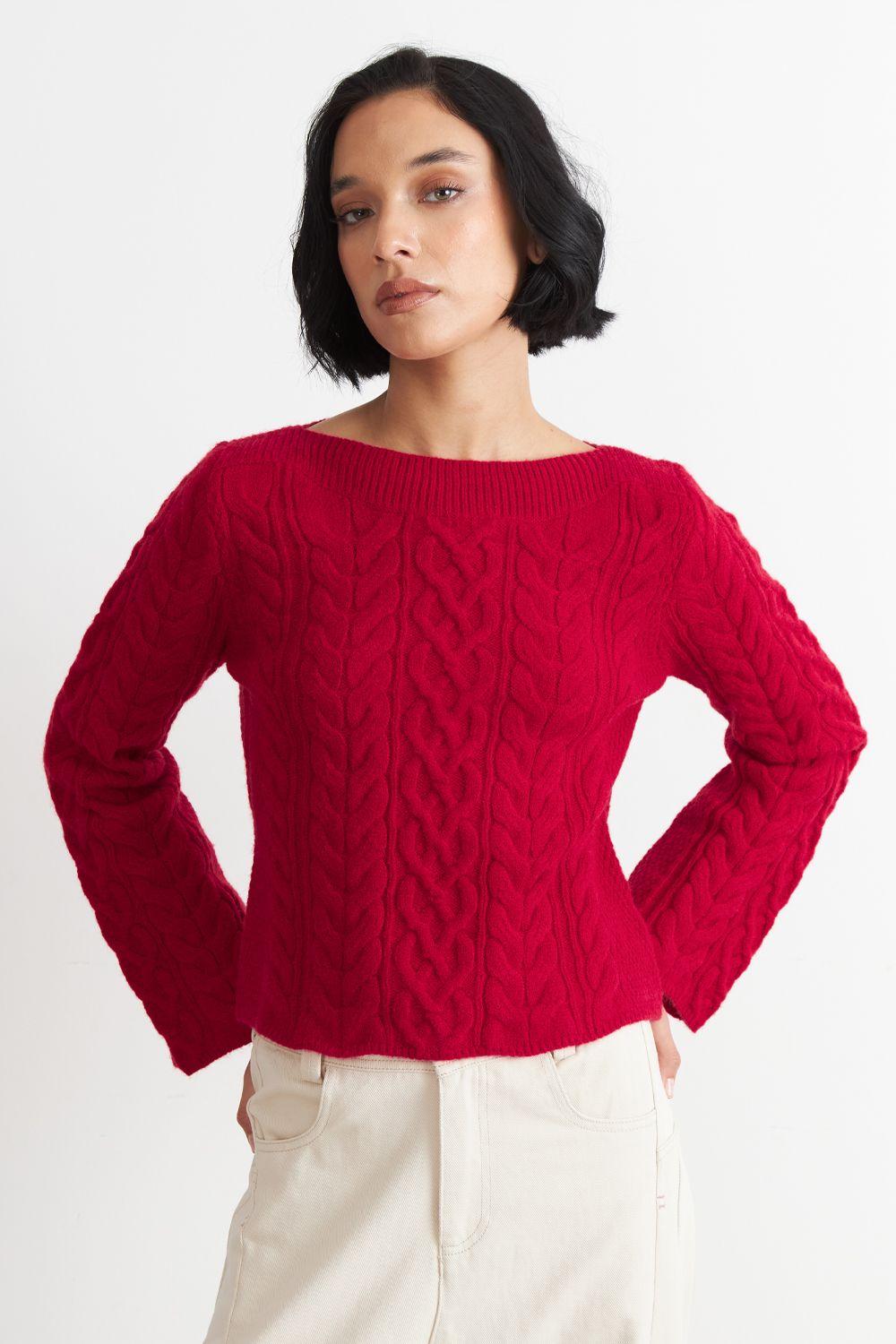 Sweater con Patrón Trenzado Rojo Nicopoly-4