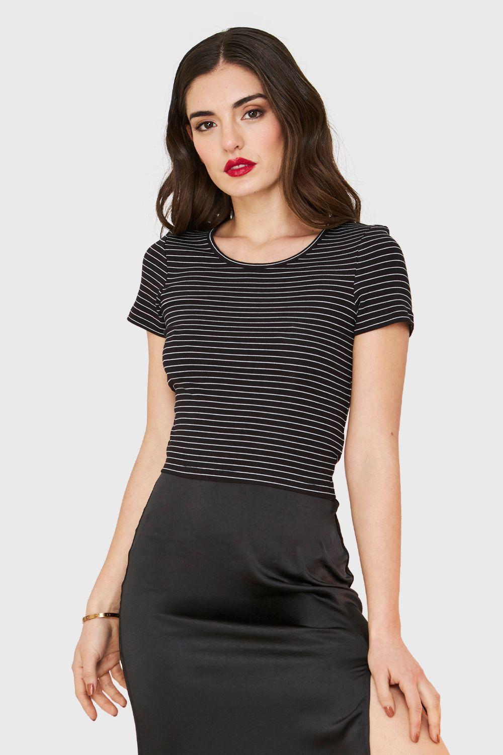 Polera Manga Corta Rayas Negro Nicopoly-0