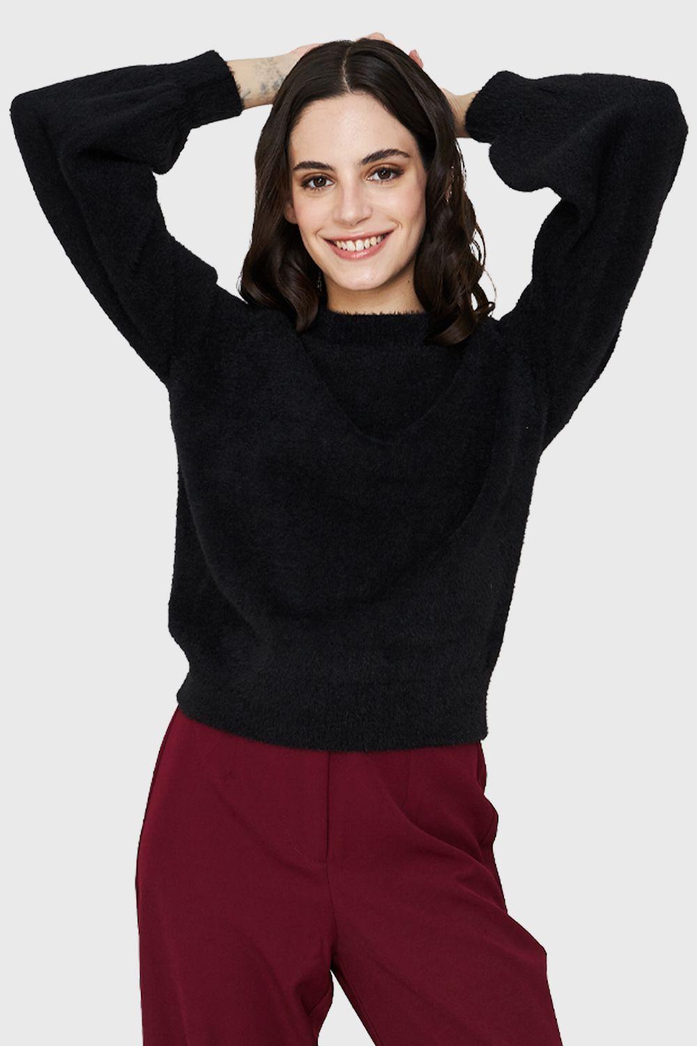 Sweater Peludito Manga Globo Negro Nicopoly-0