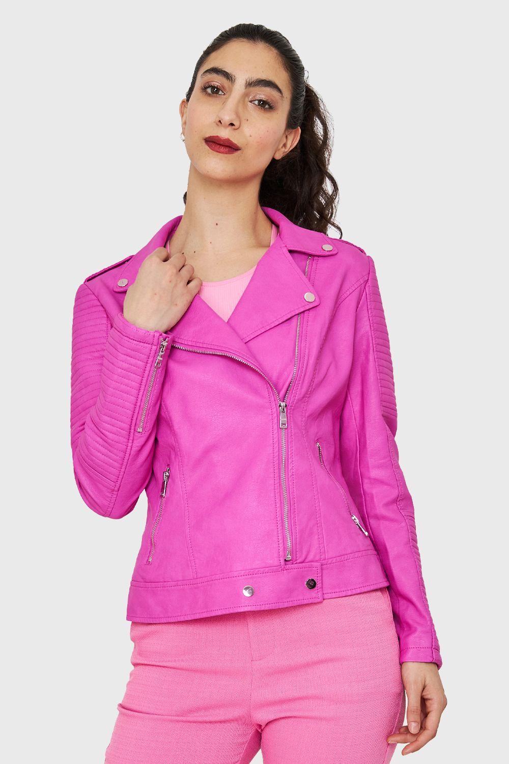 Chaqueta Tipo Biker Ecocuero Rosa Chicle Nicopoly-4