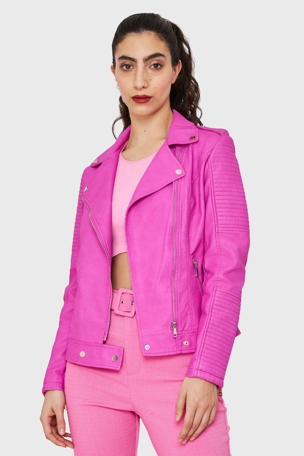 Chaqueta Tipo Biker Ecocuero Rosa Chicle Nicopoly-0