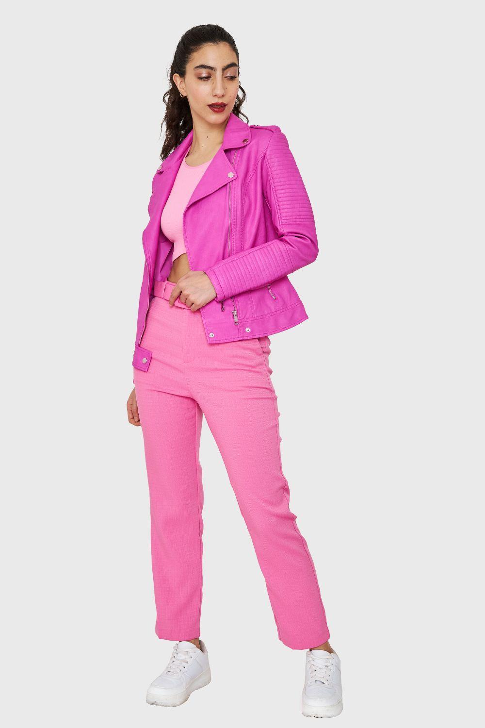 Chaqueta Tipo Biker Ecocuero Rosa Chicle Nicopoly-1