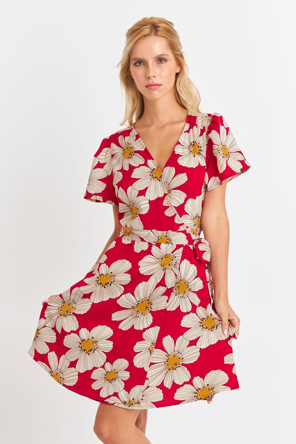 Vestido Escote Cruzado Flores Rojas Nicoply-0