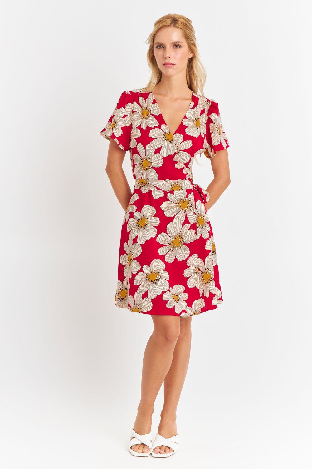 Vestido Escote Cruzado Flores Rojas Nicoply-1