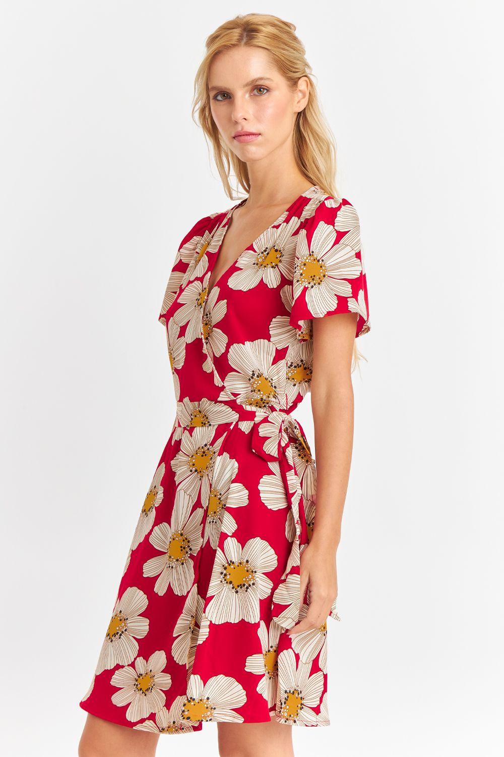 Vestido Escote Cruzado Flores Rojas Nicoply-2