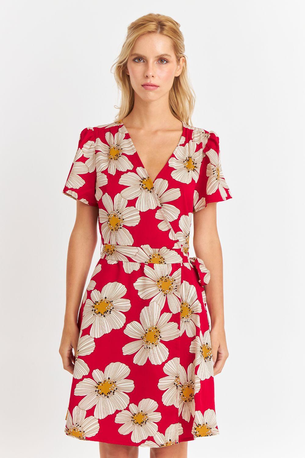 Vestido Escote Cruzado Flores Rojas Nicoply-4