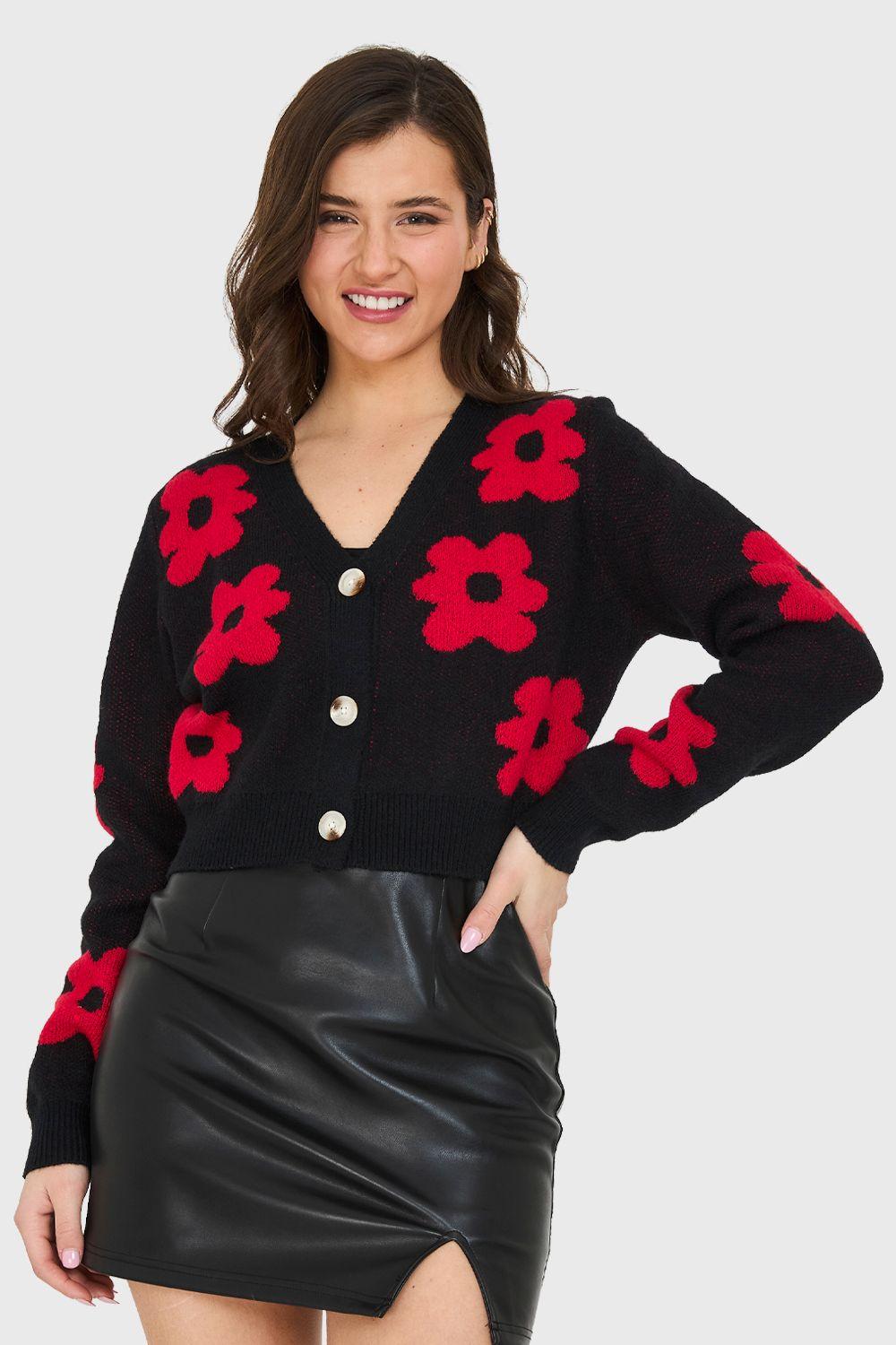 Cárdigan Crop Flores Negro Nicopoly-4