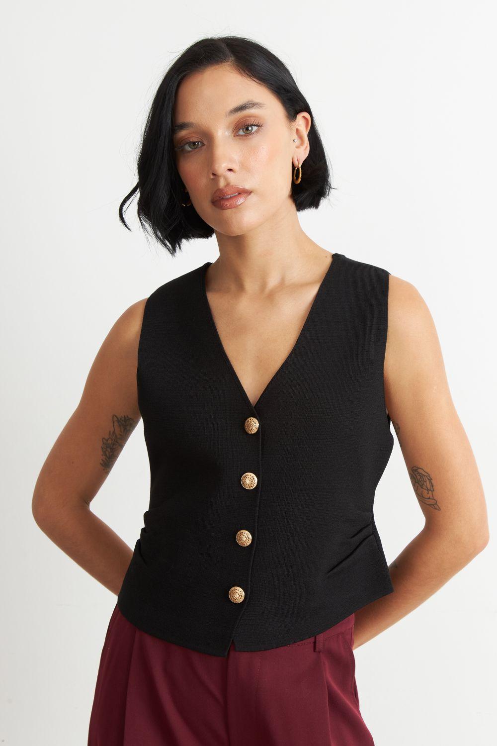 Gilet con Drapeado Lateral Negro-4