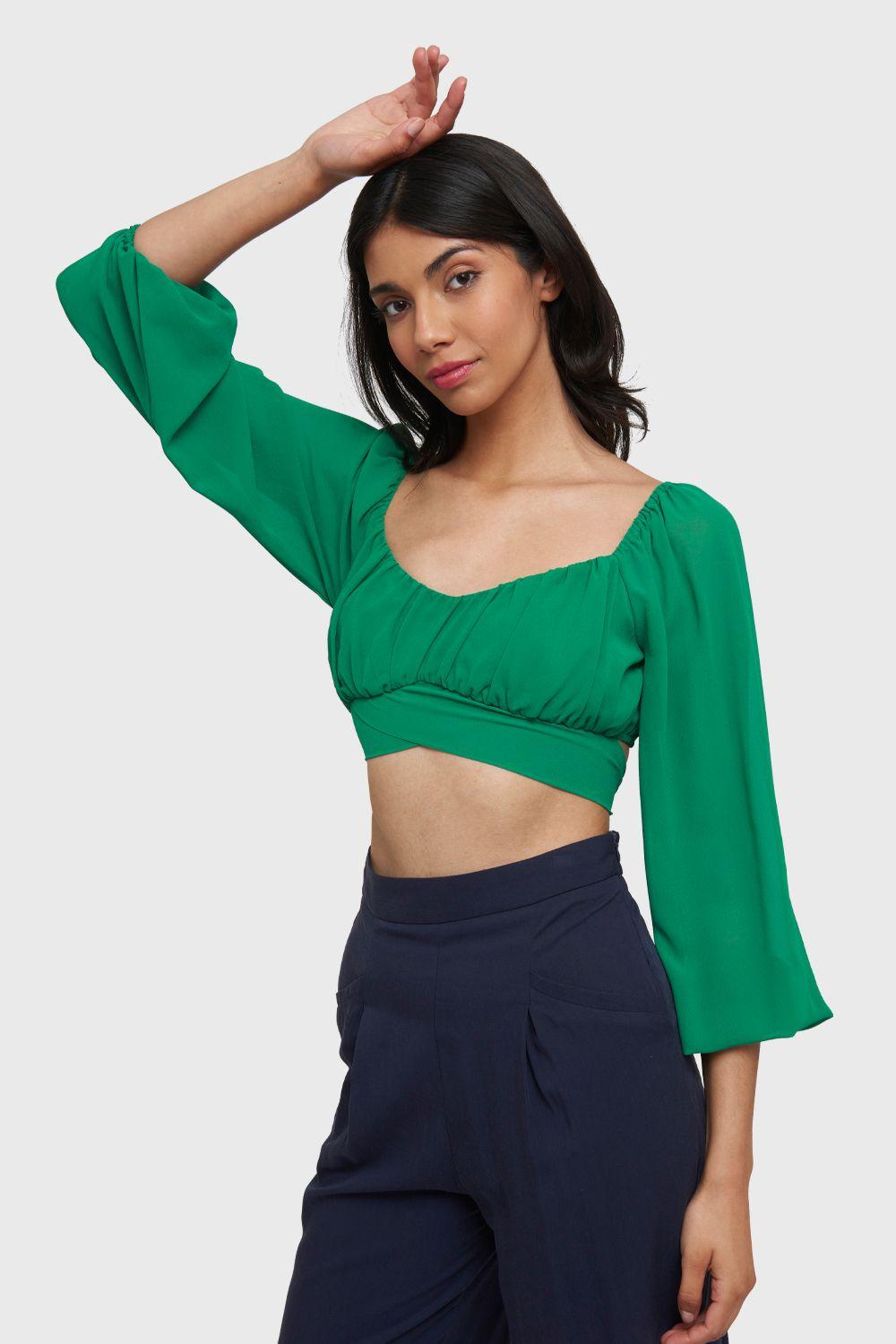 Blusa Crop Lazos Verde Nicopoly-2