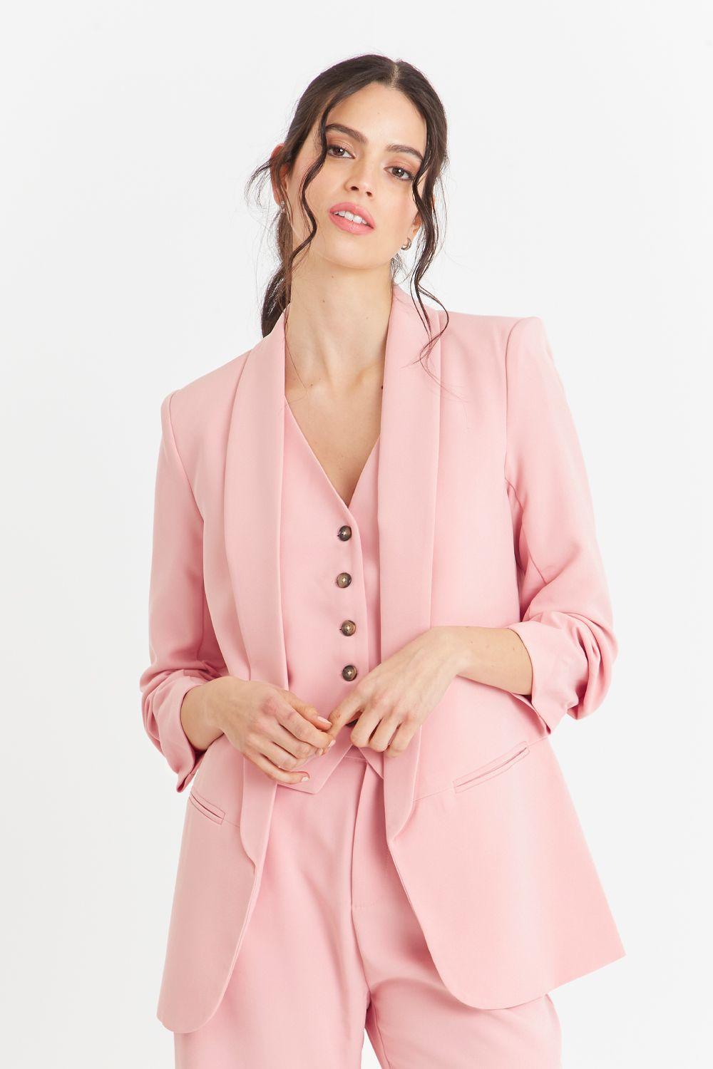 Blazer Manga 3/4 Ajustada Con Pliegues Rosado Nicopoly-0