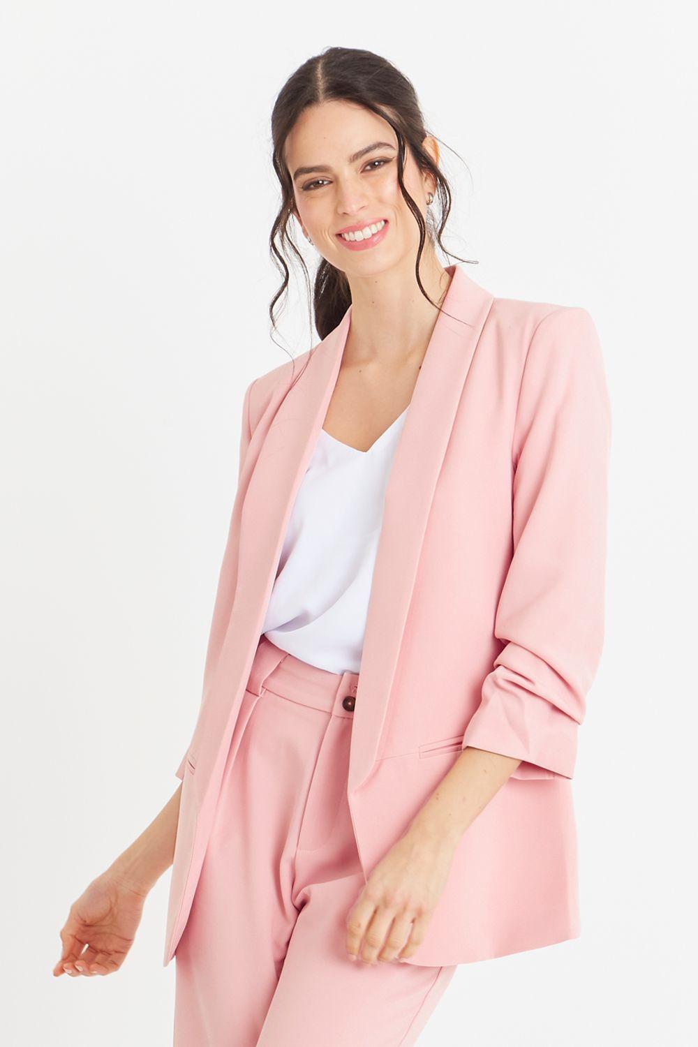 Blazer Manga 3/4 Ajustada Con Pliegues Rosado Nicopoly-4