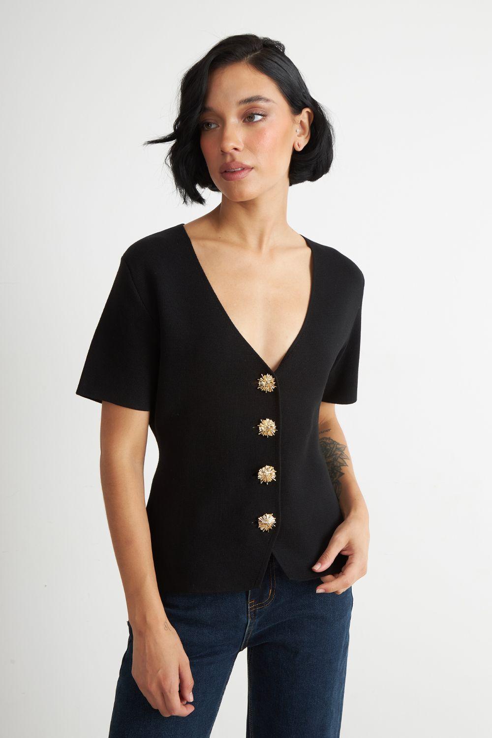 Polera Hilo Cuello V Botones Negro Nicopoly-0