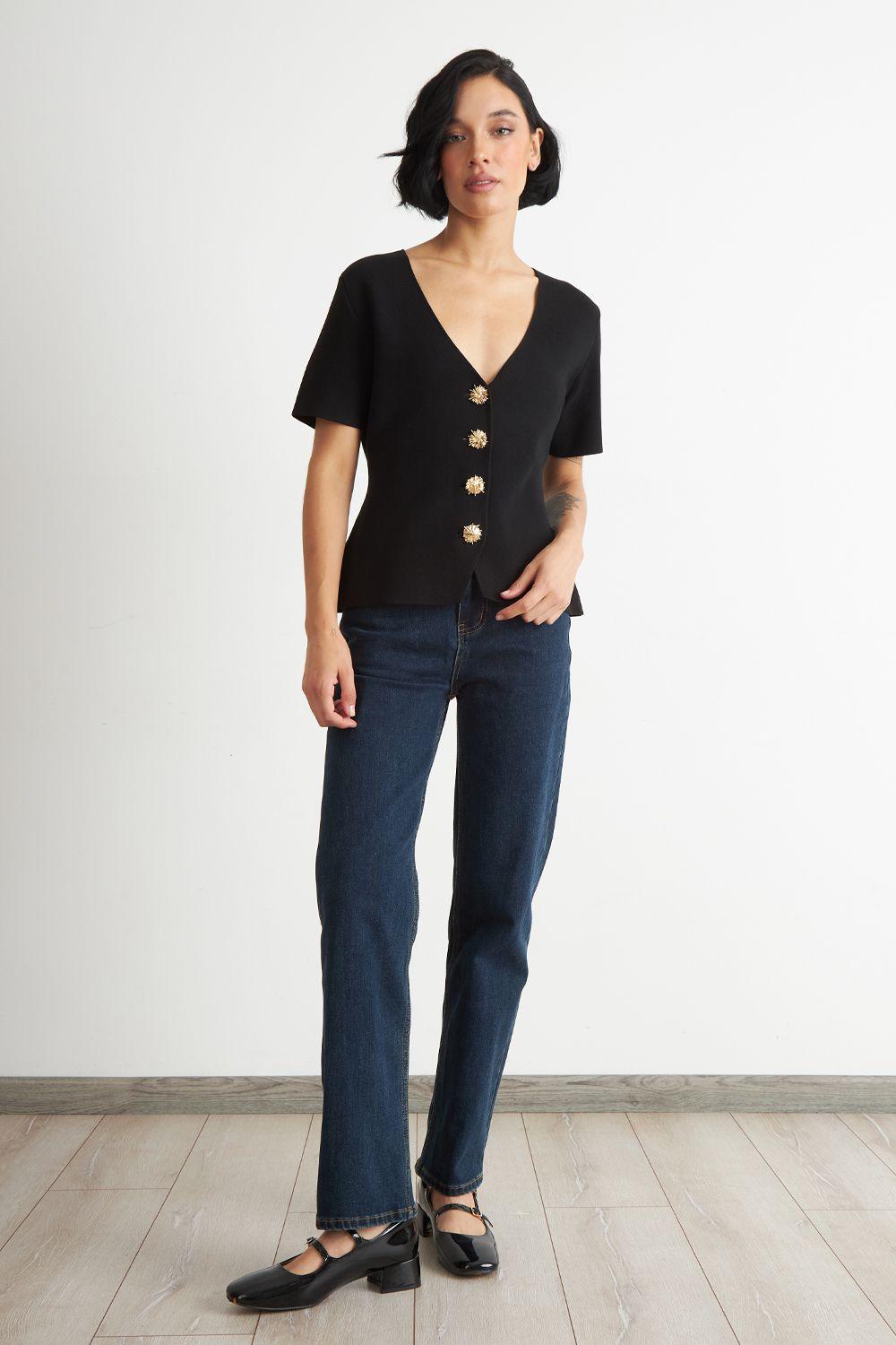 Polera Hilo Cuello V Botones Negro Nicopoly-1