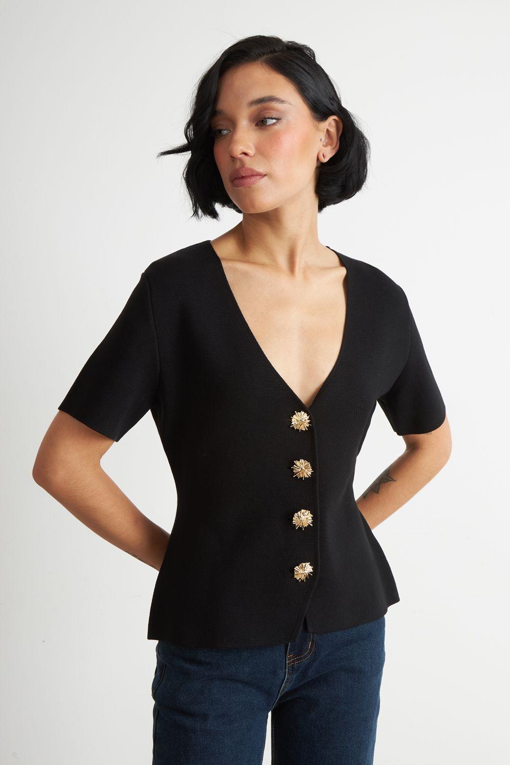 Polera Hilo Cuello V Botones Negro Nicopoly-4