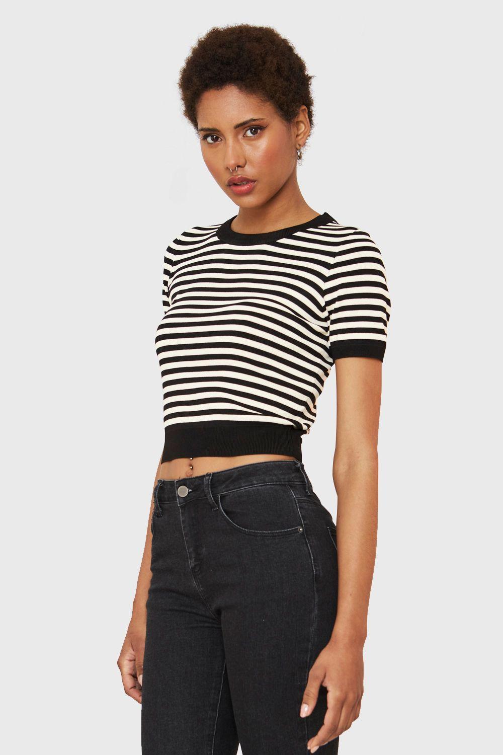 Polera Crop Rayas Negro/Beige Nicopoly-2