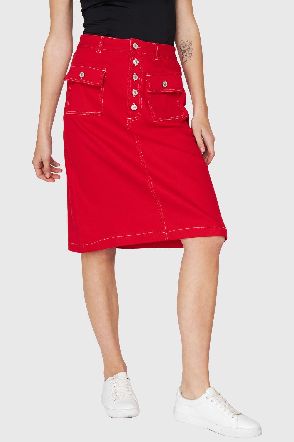 Falda Midi Bolsillos Rojo Nicopoly-0