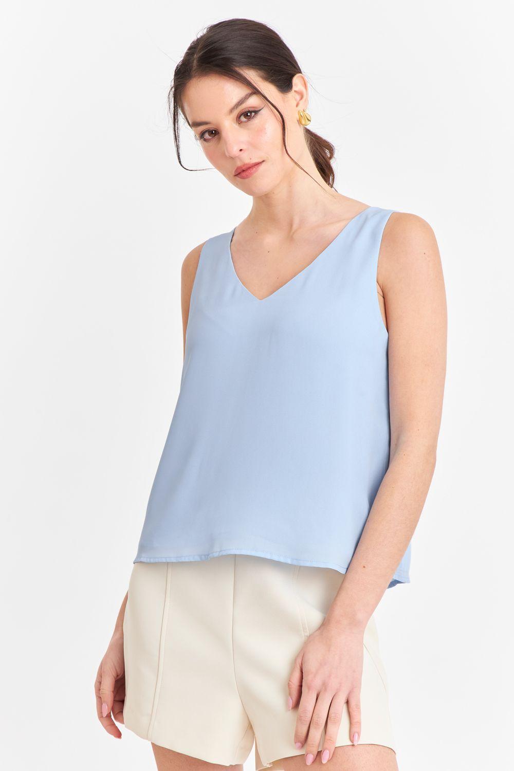 Blusa Básica Escote en V Celeste Nicopoly-4