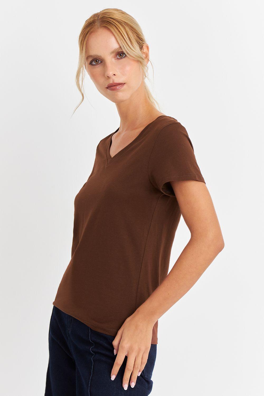 Polera Escote en V Básica Café Nicopoly-2