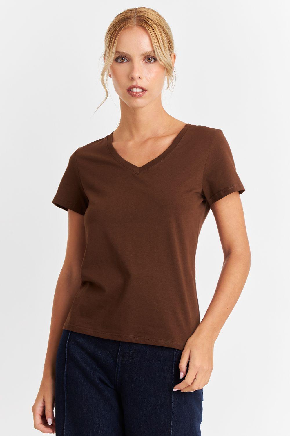 Polera Escote en V Básica Café Nicopoly-4
