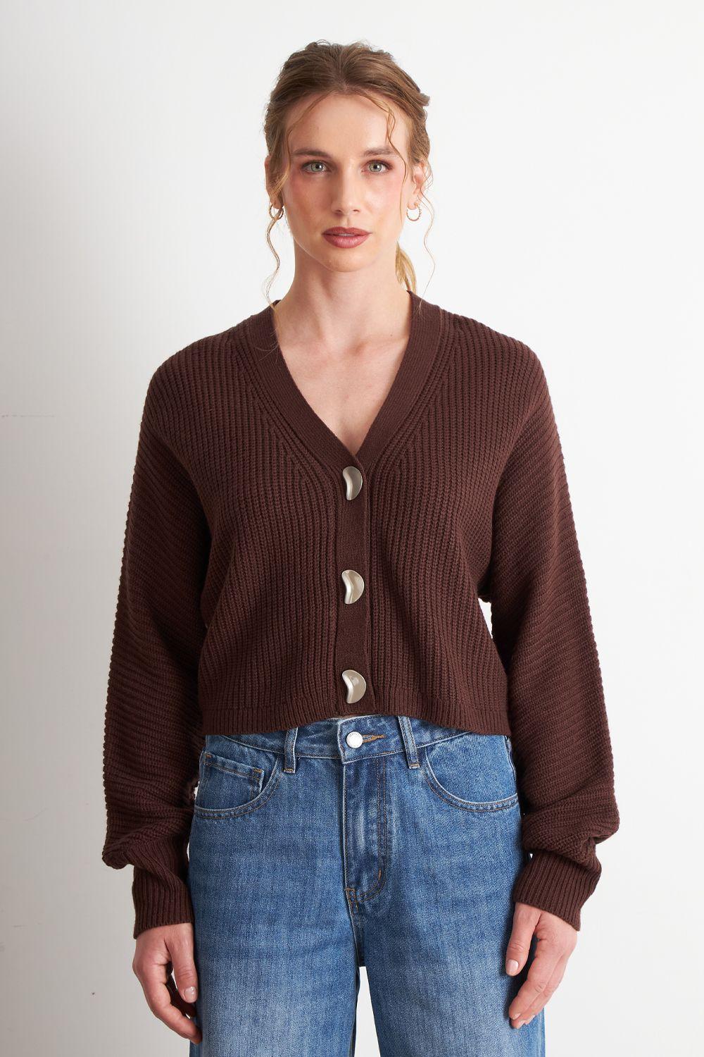 Cárdigan Cuello V con 3 Botones Café Nicopoly-0