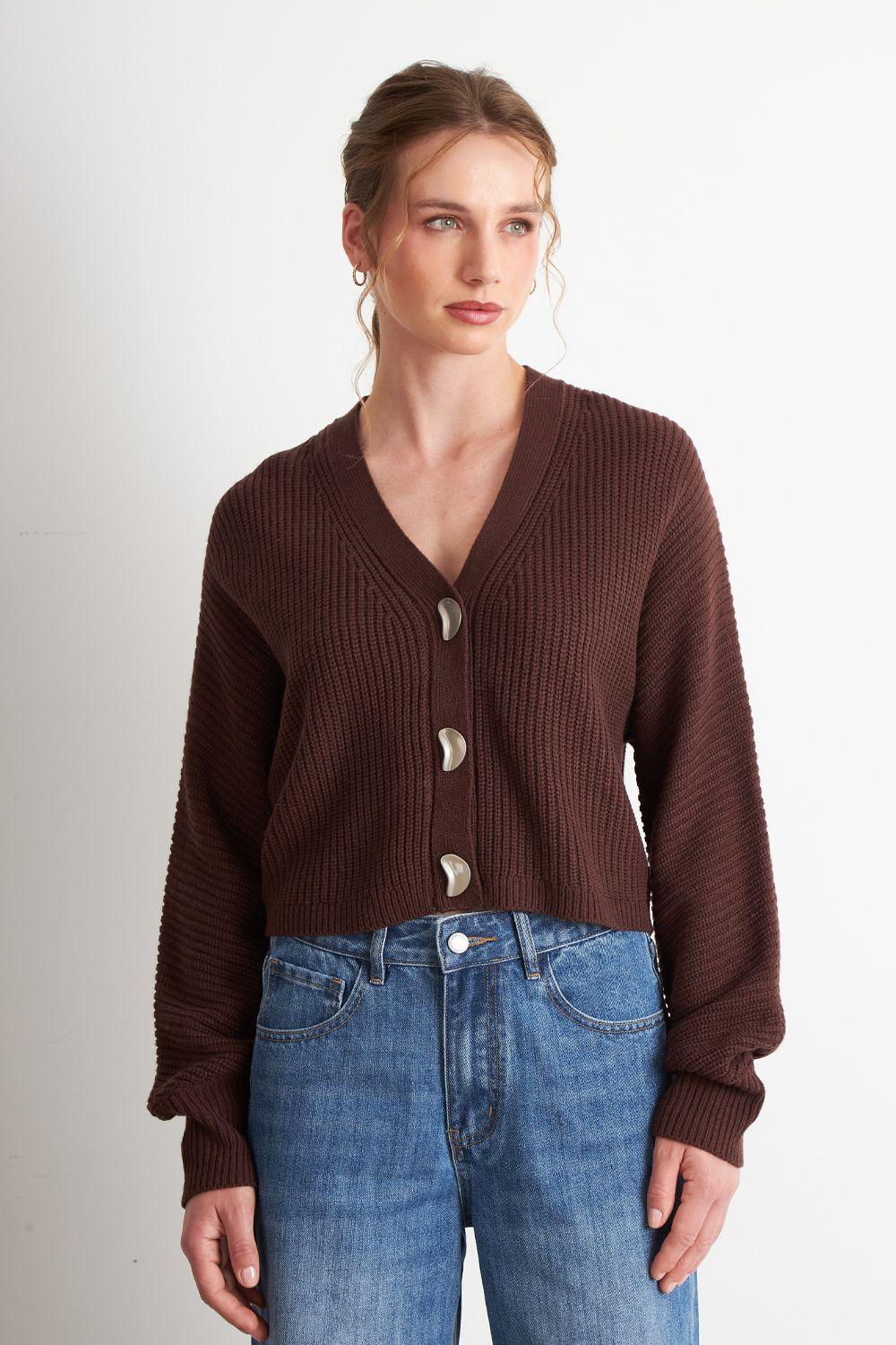 Cárdigan Cuello V con 3 Botones Café Nicopoly-4