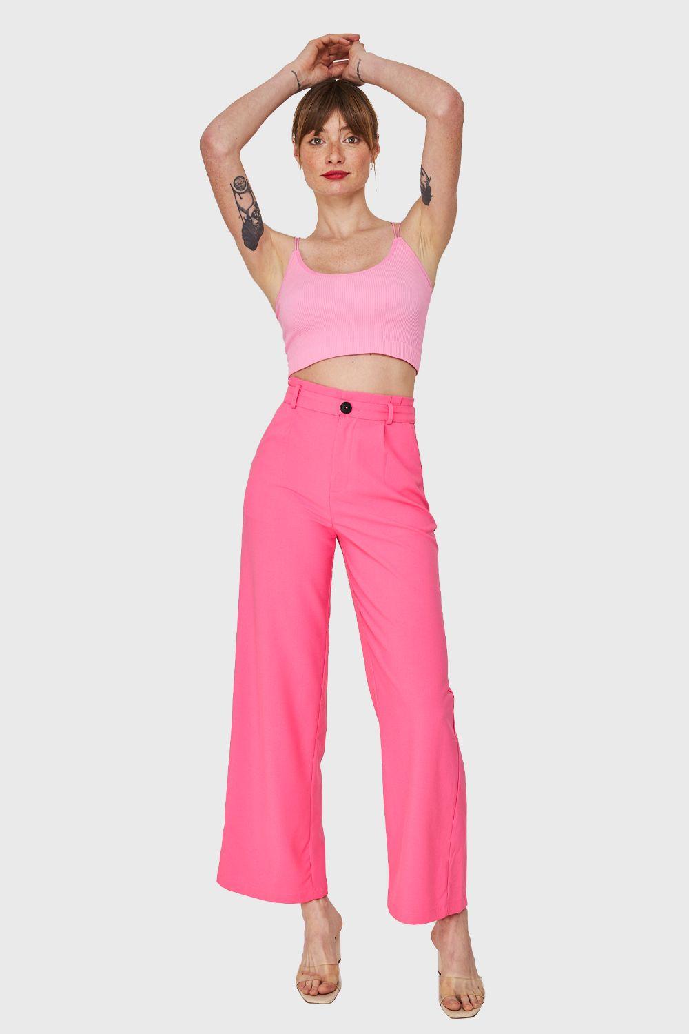 Pantalón Ancho Pinzas Rosado Chicle Nicopoly-1