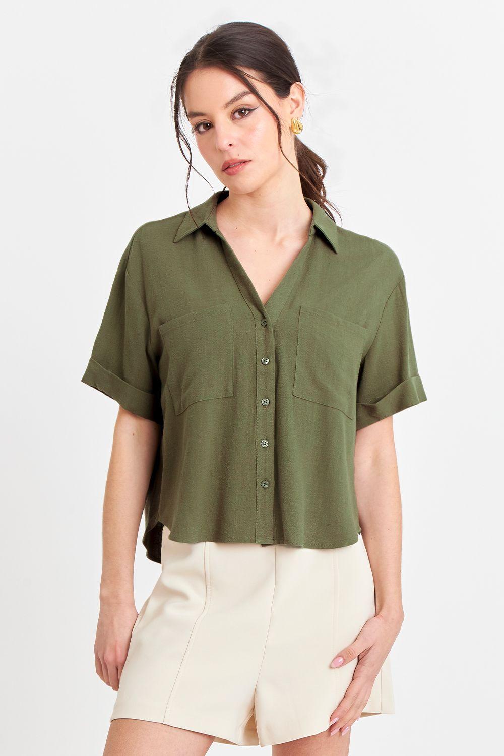 Camisa Básica Tipo Lino Verde Oliva Nicopoly-0