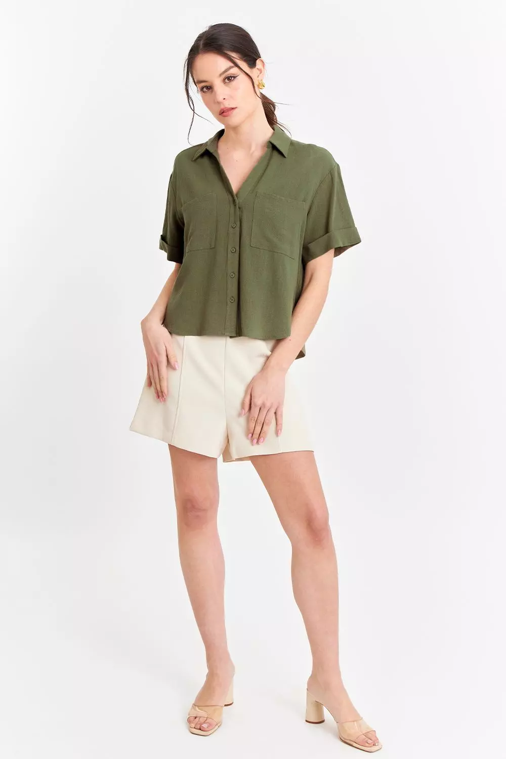 Camisa Básica Tipo Lino Verde Oliva Nicopoly-1