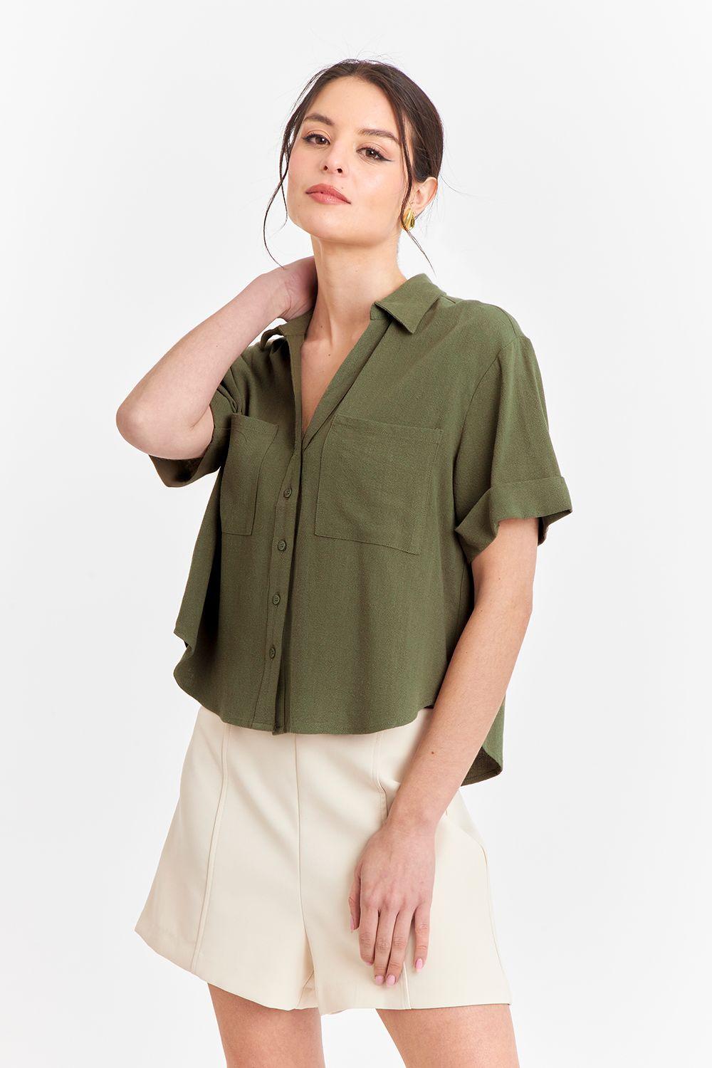 Camisa Básica Tipo Lino Verde Oliva Nicopoly-4