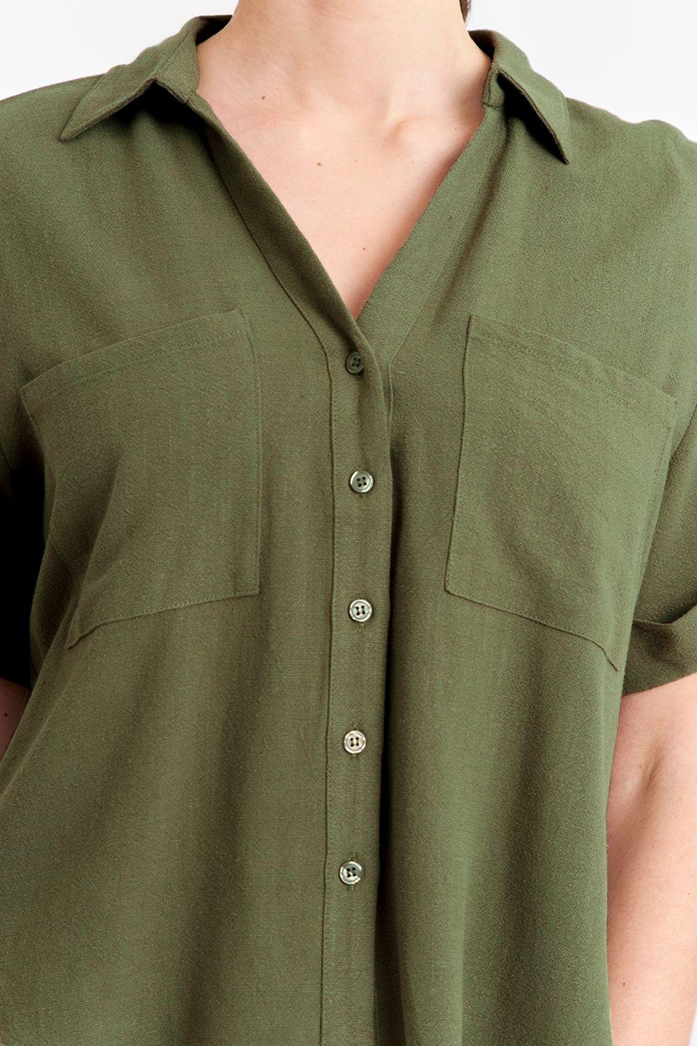 Camisa Básica Tipo Lino Verde Oliva Nicopoly-5