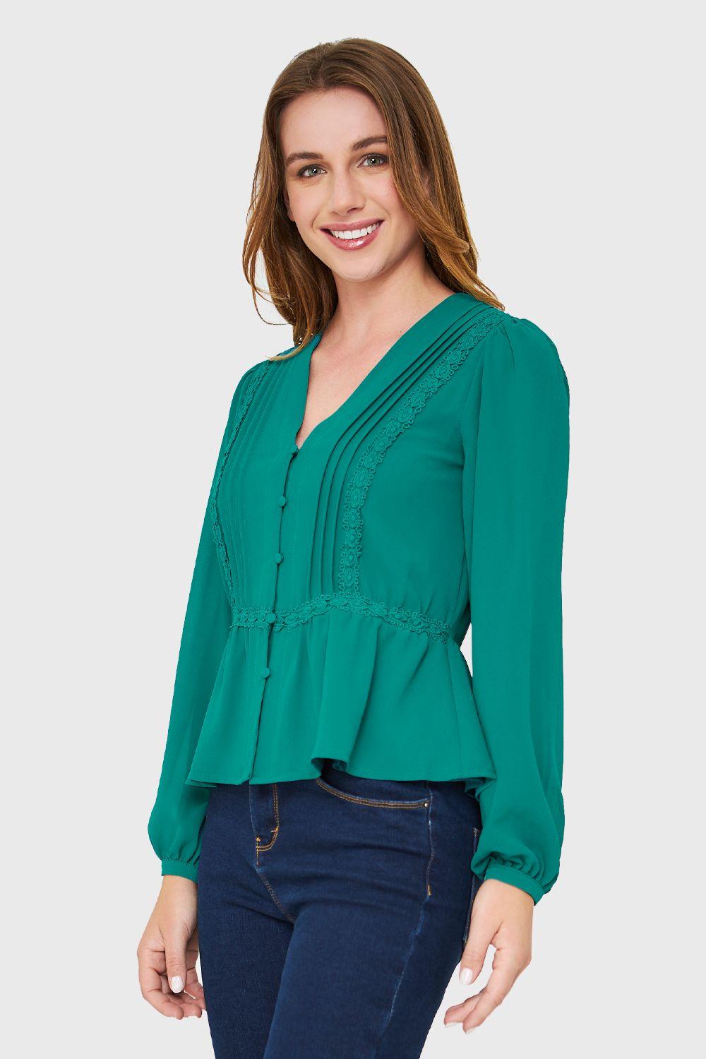 Blusa Peplum Botones Verde Esmeralda Nicopoly-2