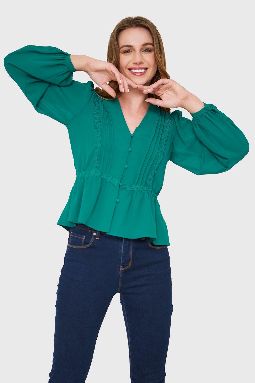 Blusa Peplum Botones Verde Esmeralda Nicopoly-0