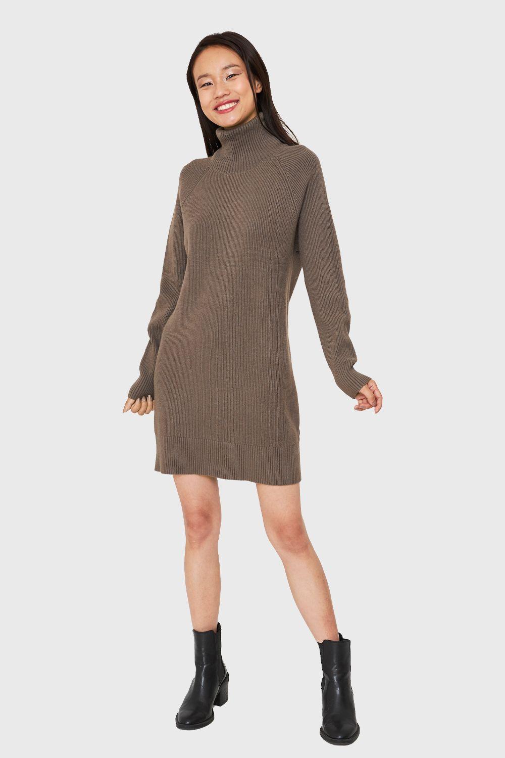 Sweater Vestido Acanalado Cuello Alto Taupe Nicopoly-1
