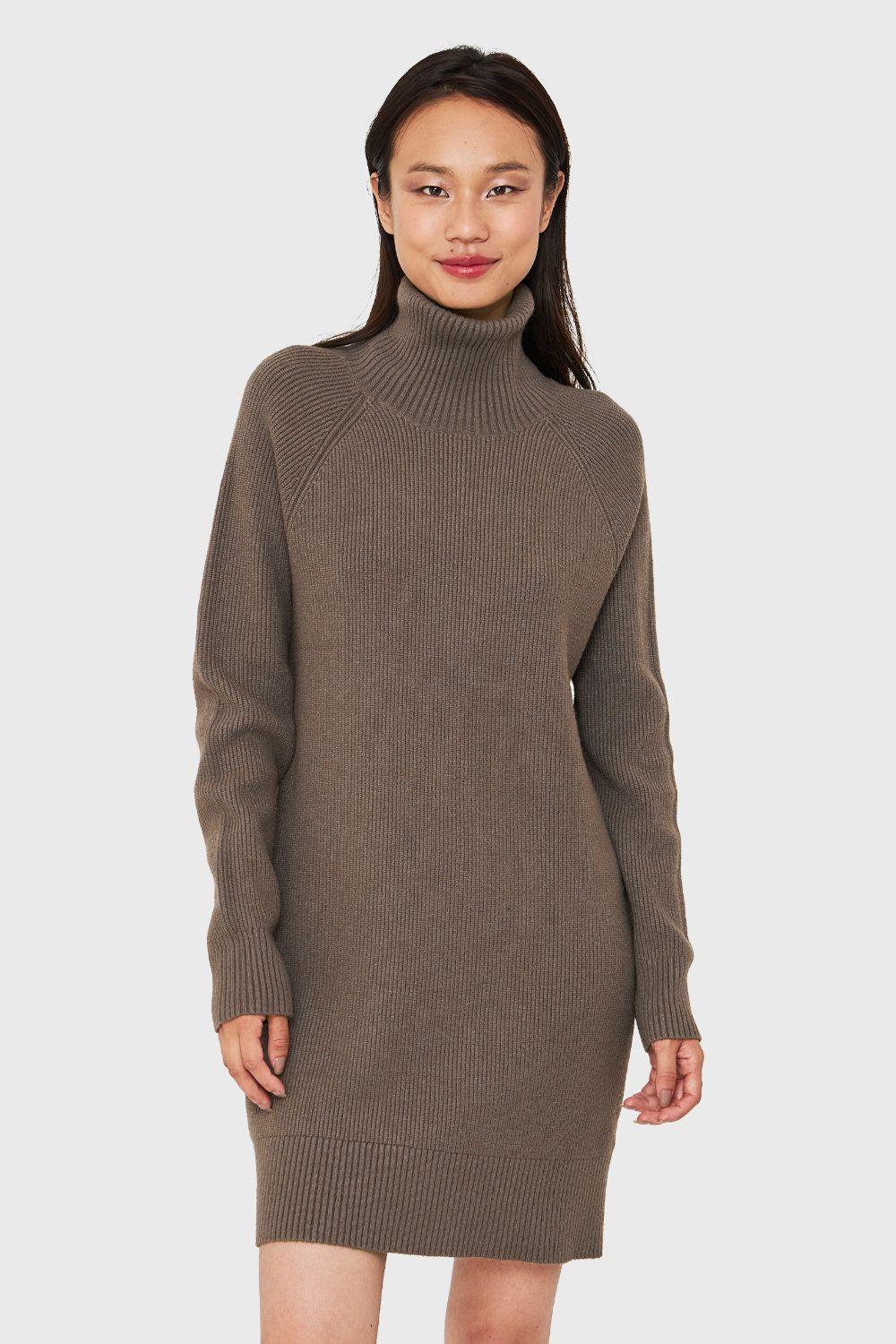 Sweater Vestido Acanalado Cuello Alto Taupe Nicopoly-4