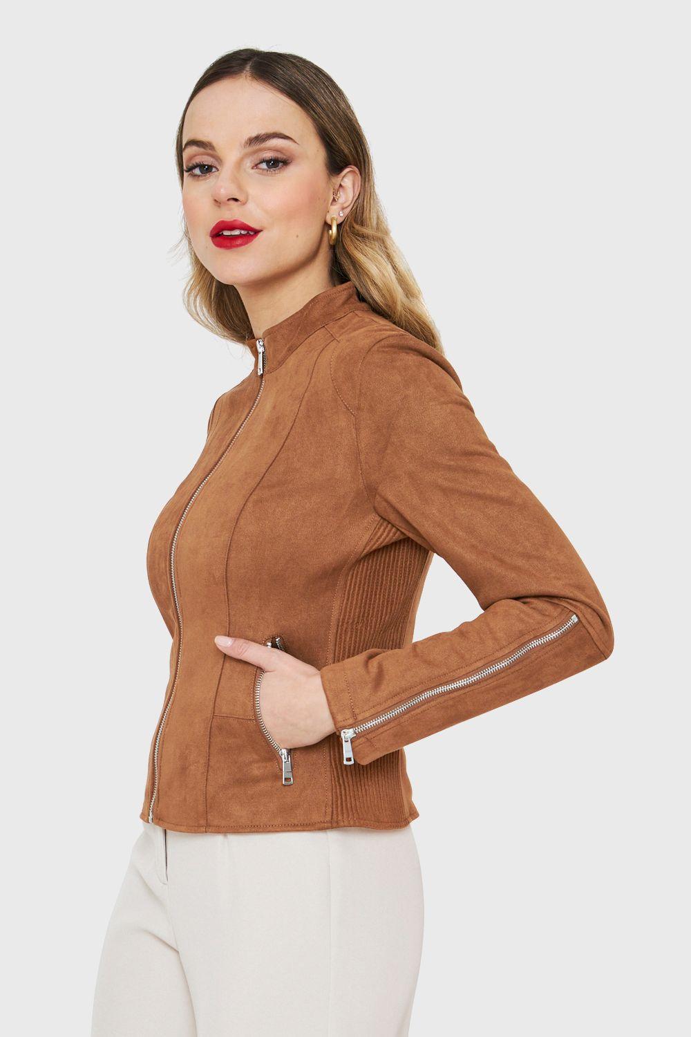 Chaqueta Tipo Gamuza Cuello Mao Camel Nicopoly-2