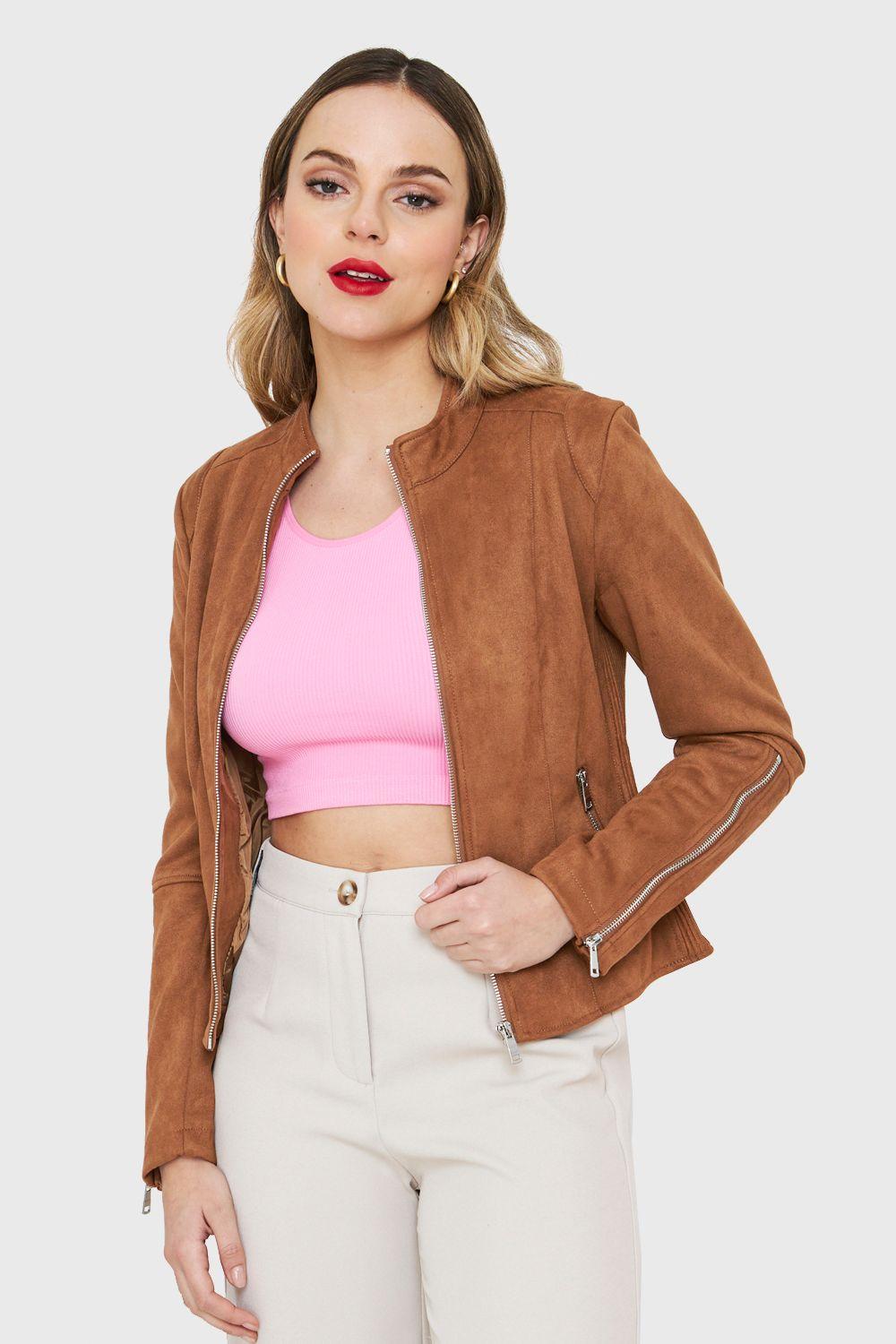 Chaqueta Tipo Gamuza Cuello Mao Camel Nicopoly-0