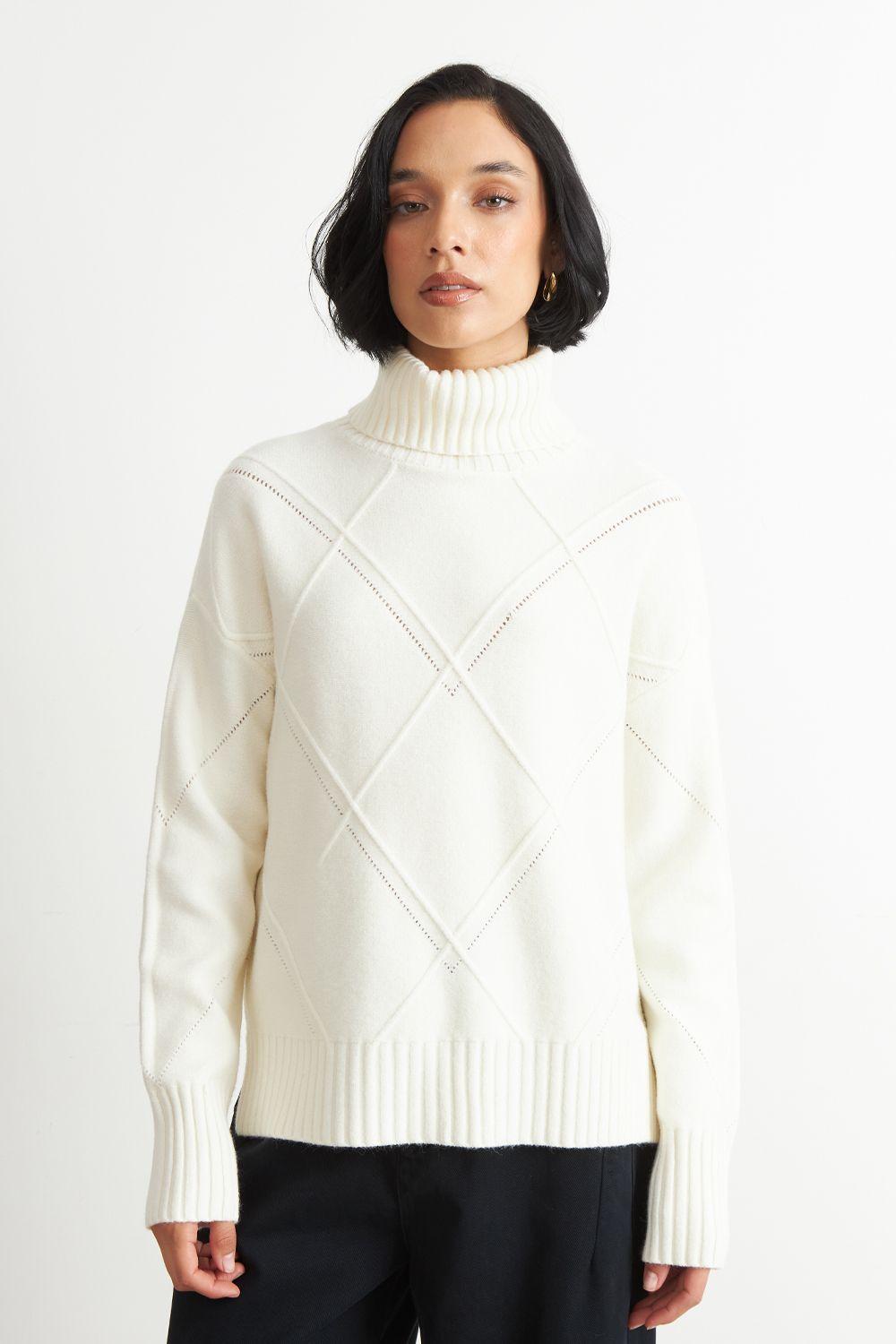 Sweater Cuello Alto Rombos Blanco Nicopoly-4