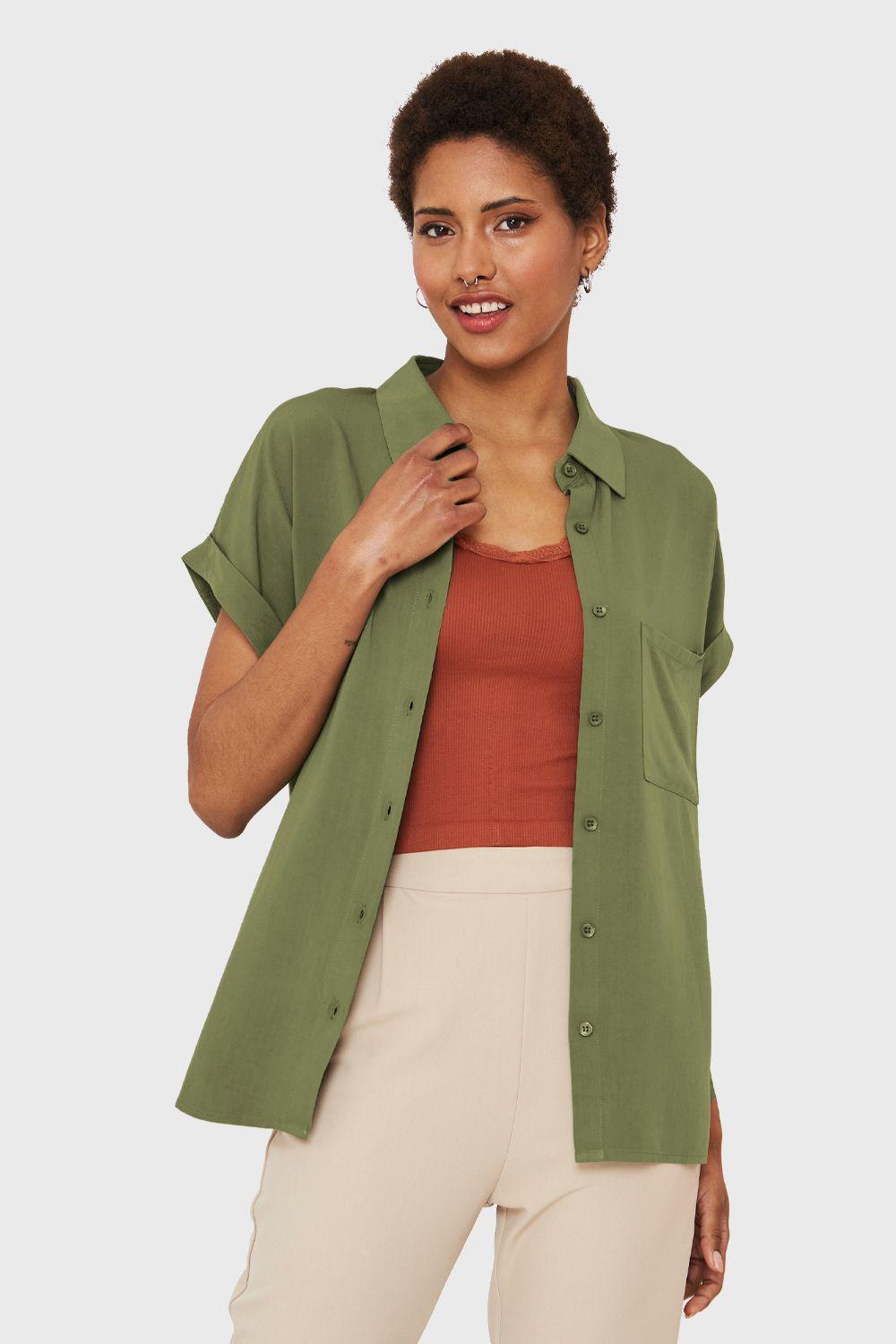 Camisa Manga Corta Con Dobladillo Oliva Nicopoly-4