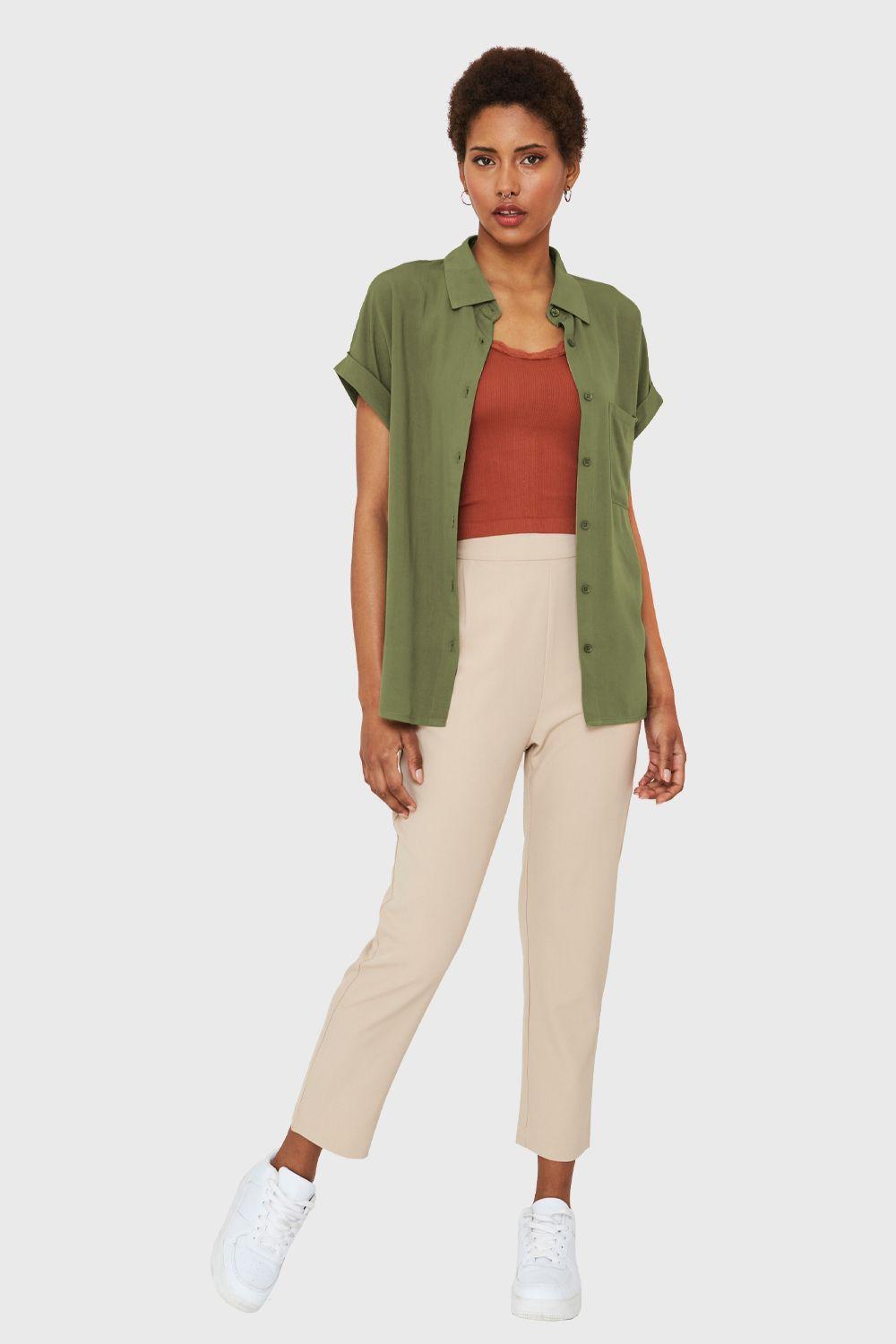 Camisa Manga Corta Con Dobladillo Oliva Nicopoly-1