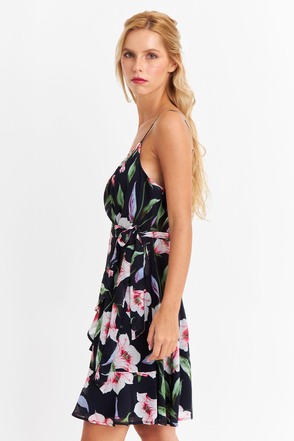 Vestido Corto Floral con Vuelos Cruzados Rosado Nicopoly-2