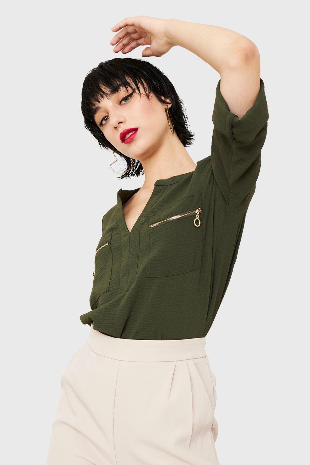 Blusa Cuello Mao Oliva Nicopoly-4