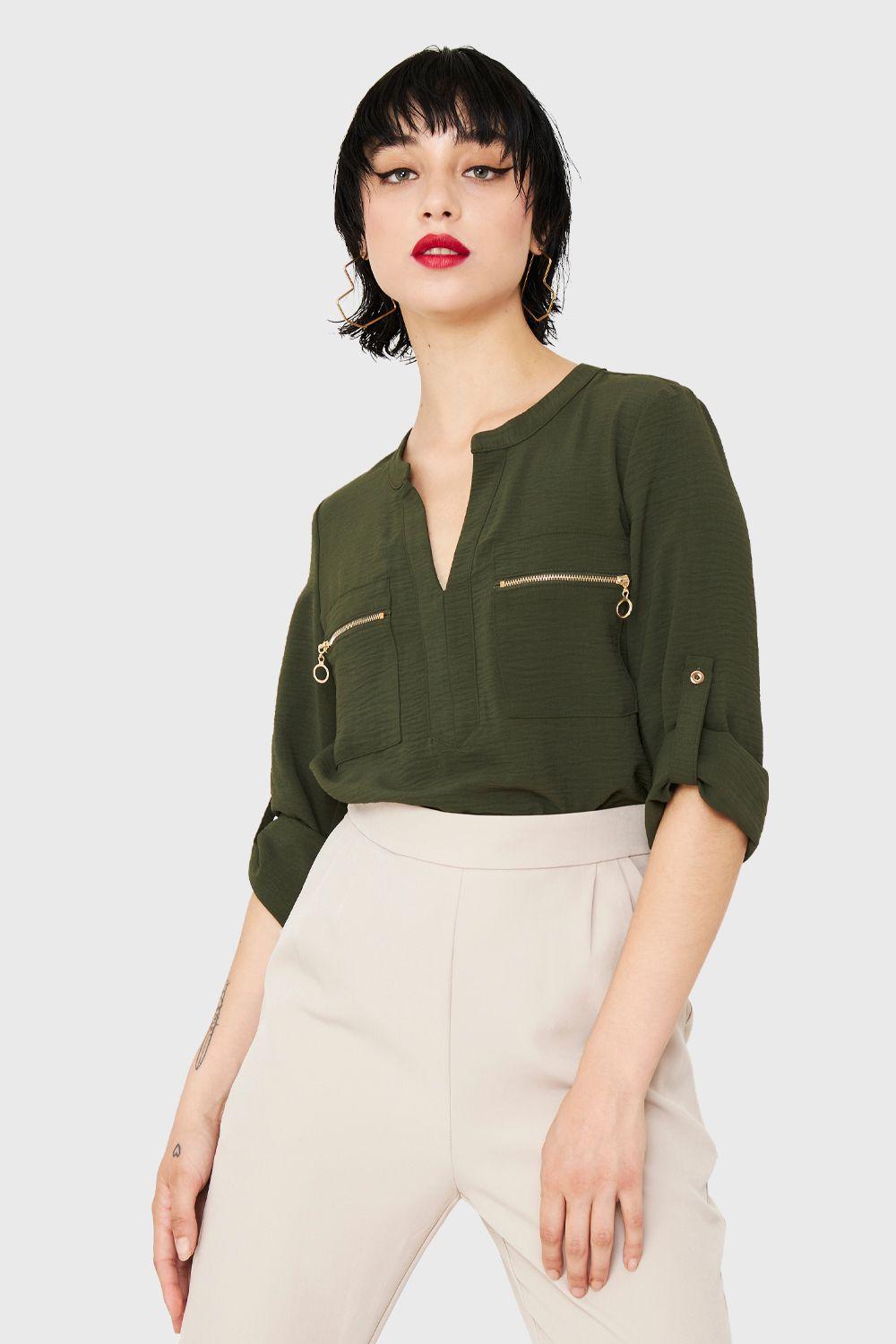 Blusa Cuello Mao Oliva Nicopoly-0