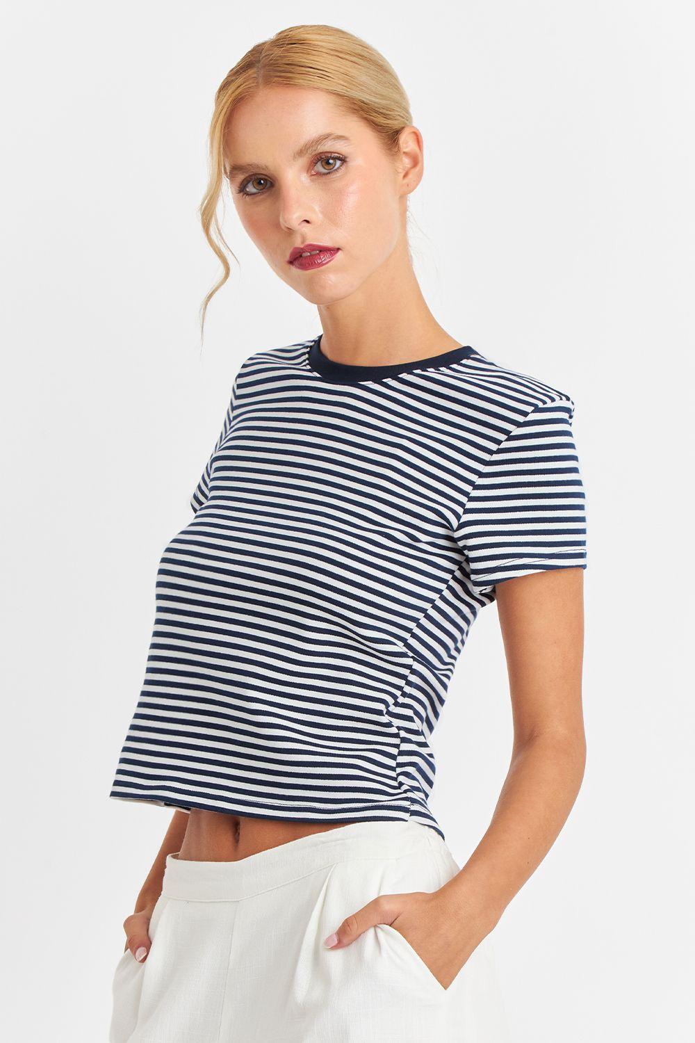 Polera Básica Cuello Redondo Líneas Azul Marino Nicopoly-2