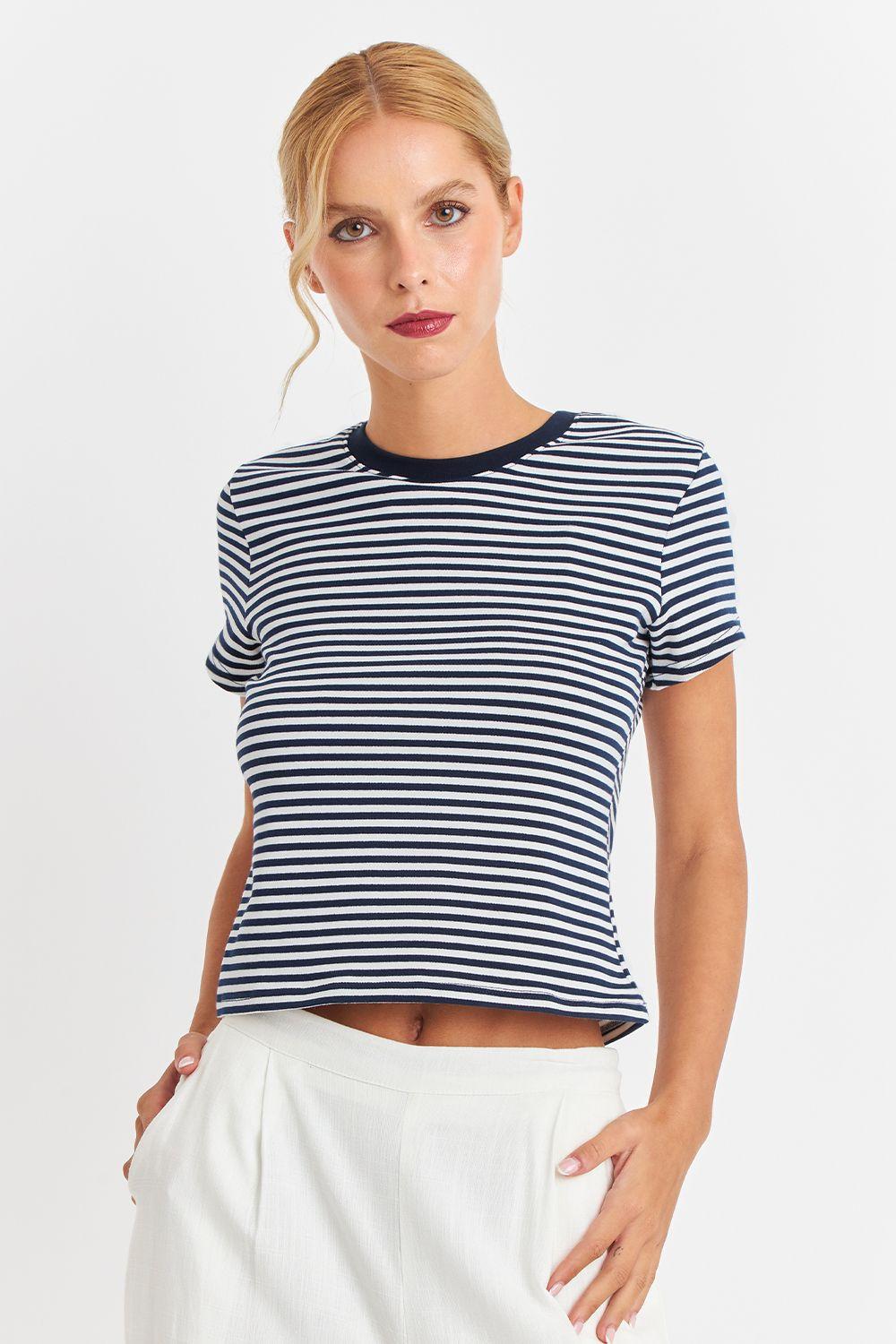 Polera Básica Cuello Redondo Líneas Azul Marino Nicopoly-4