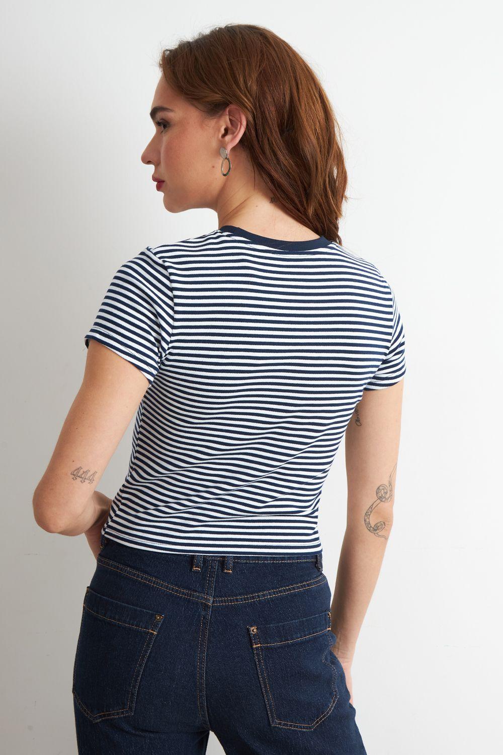 Polera Básica Cuello Redondo Líneas Azul Marino Nicopoly-3