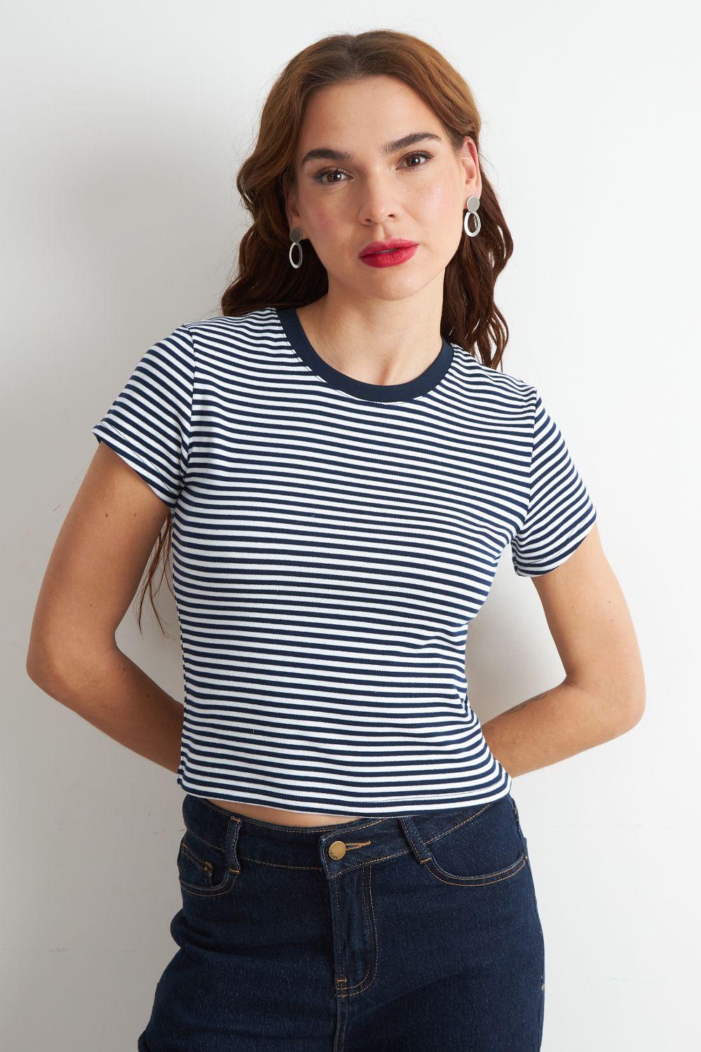 Polera Básica Cuello Redondo Líneas Azul Marino Nicopoly-4