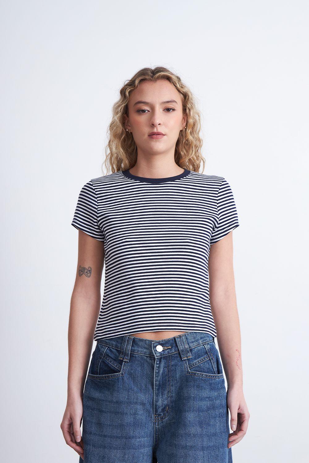 Polera Básica Cuello Redondo Líneas Azul Marino Nicopoly-0