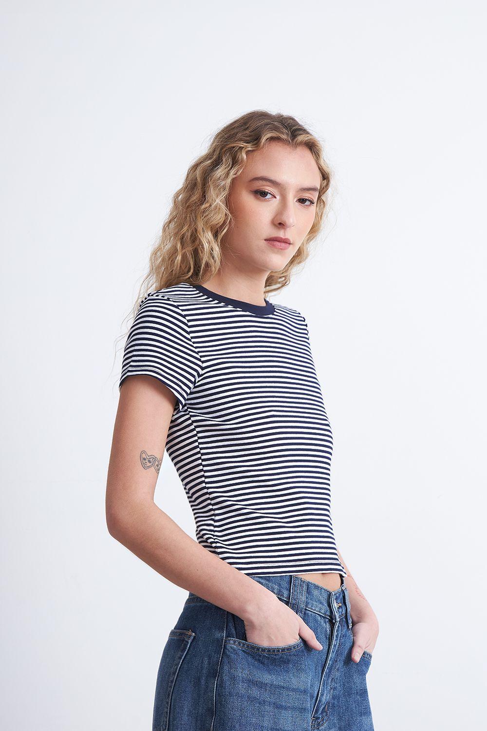 Polera Básica Cuello Redondo Líneas Azul Marino Nicopoly-2