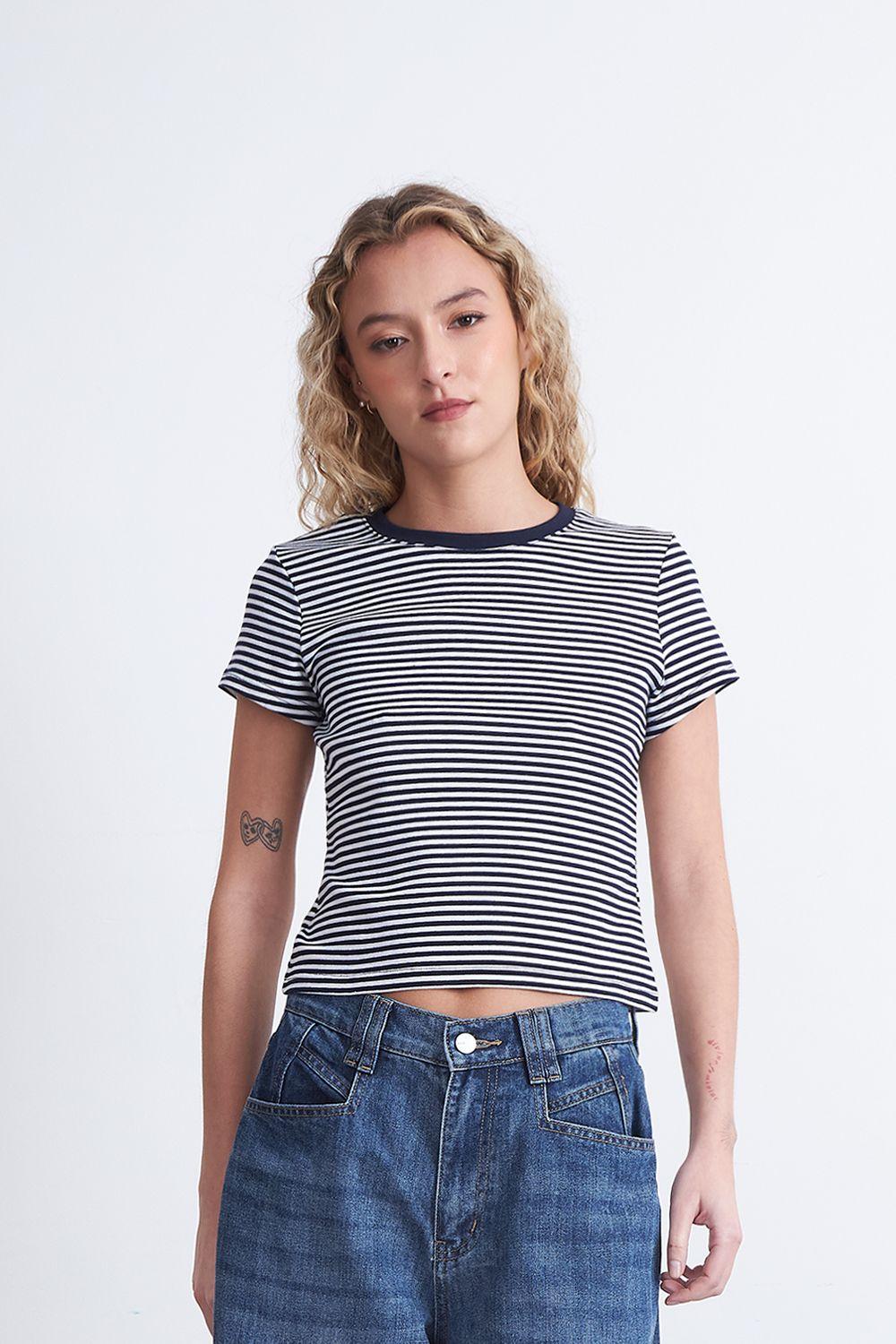 Polera Básica Cuello Redondo Líneas Azul Marino Nicopoly-5